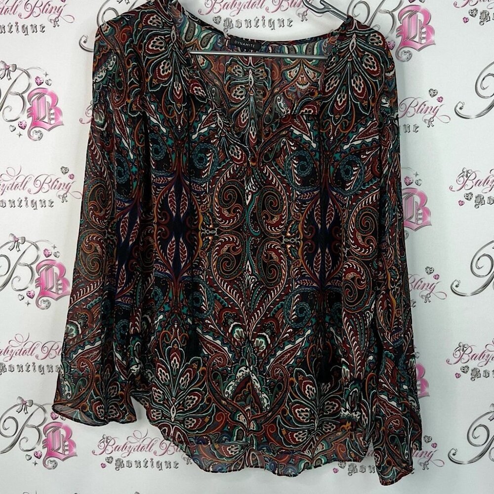 Dynamite blouse long sleeve paisley boho brown blue Multicolor Paisley Blouse